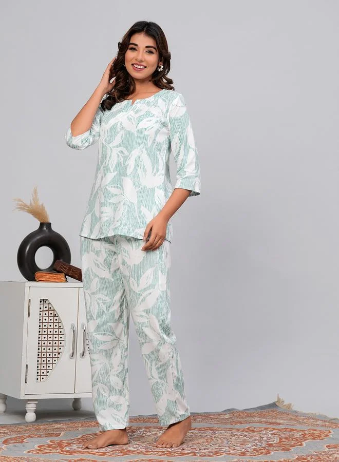 Take Two Women Leaf Print Top and Pyjama Set
